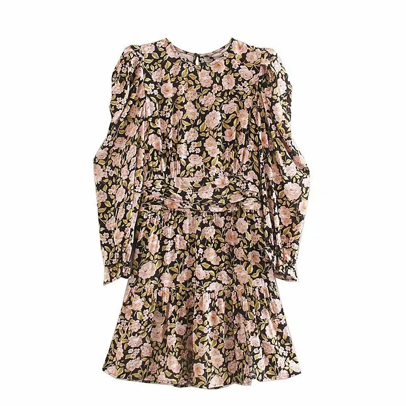 

Europe And America WOMEN'S Dress Versitile Fashion Flower Printed Mini Dress Waist Hugging Slimming Bandage Cloth Puff Sleeve Fl