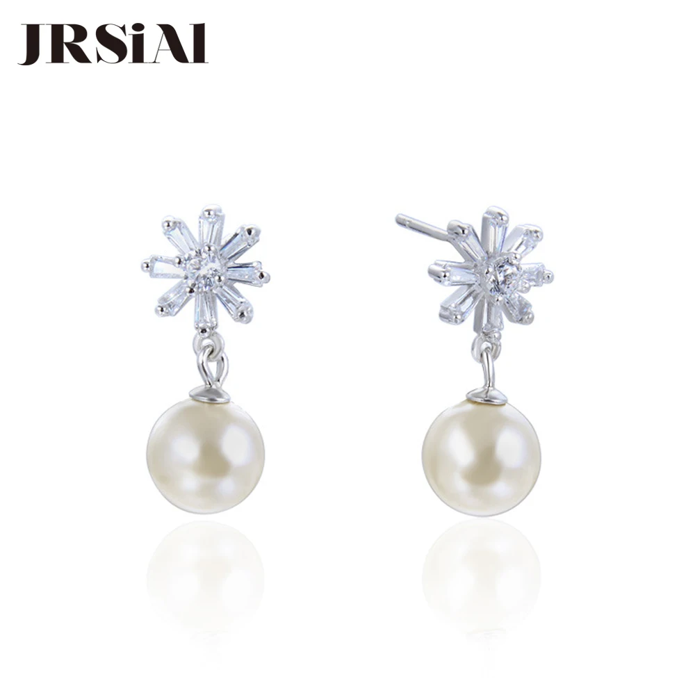 

JRSIAL 925 Sterling Silver Jewelry Pearl Earrings Korean Fashion Zircon Earrings Bead Woman Earrings