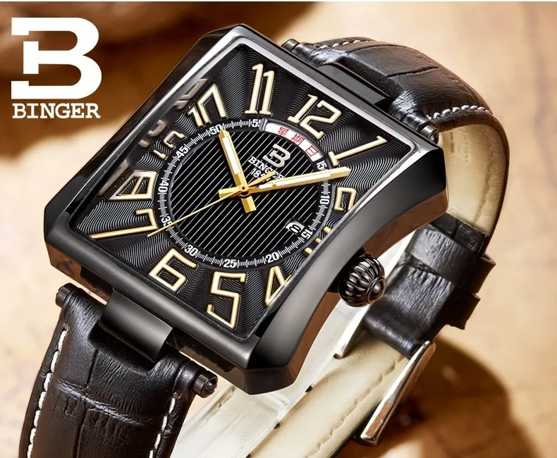BINGER высококачественные кварцевые часы мужские деловые повседневные часы Календарь Неделя дисплей прямоугольный кожаный ремешок Часы Подарки