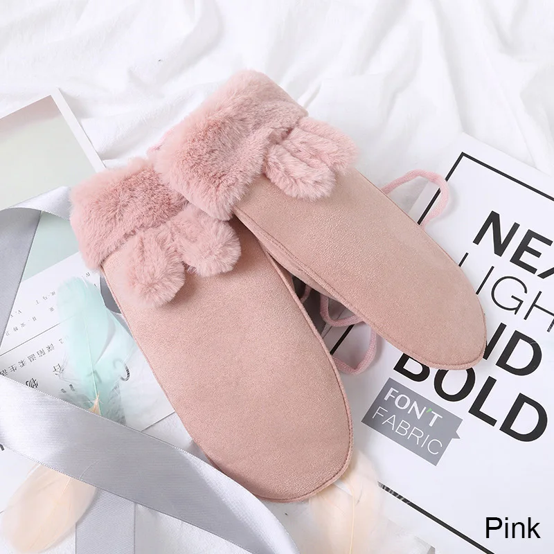 Модные Утепленные зимние перчатки для женщин и девочек, зимние варежки из плюша и хлопка, милые теплые перчатки с пальцами - Цвет: pink