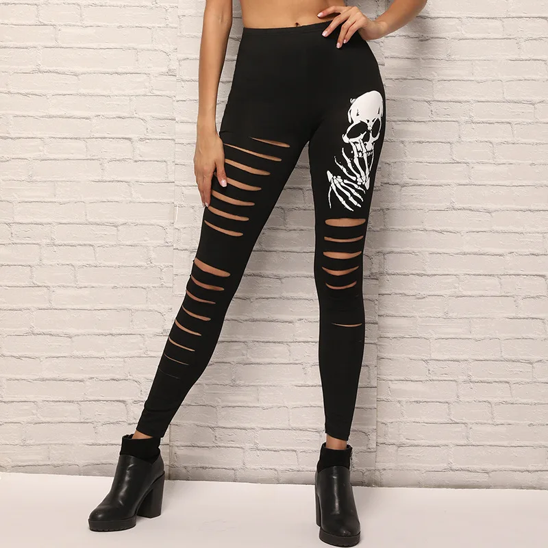 

OUSHANG Hollow Out Pencil pants Personality Skull Print Ripped Skinny Leggings Hot Women's Clothing Punk Style