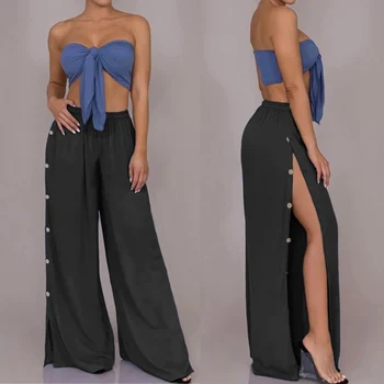 

2020 Celmia Fashion High Waist Wide Leg Pants Women Trousers Buttons Casual Capris Female Bottoms Sexy Split Long Pantalon S-5XL