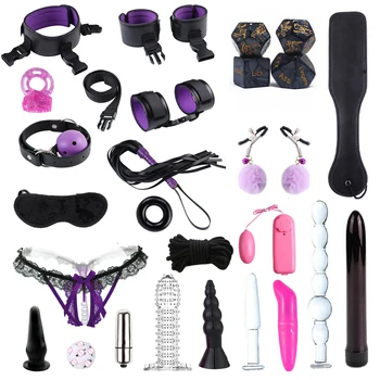 SM Sex Toys For Couples Handcuffs Harness Whip Nipples Clip Blindfold Mouth Gag Adult Sex Games Dice Butt Anal Plug Bondage Set