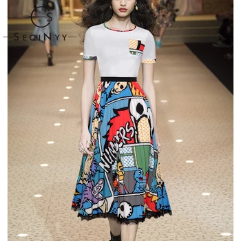 

SEQINYY Female Set 2020 Summer Spring New Fashion Design Women Cartoon White Tee + Print Long Skirt Lace Casual Suit Runway