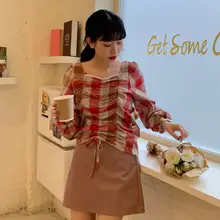 Drawstring Plaid Blouse Women Vintage Lace Square Collar Draped Long Sleeve 2020 Spring Young Style Preppy Style Womens Tops