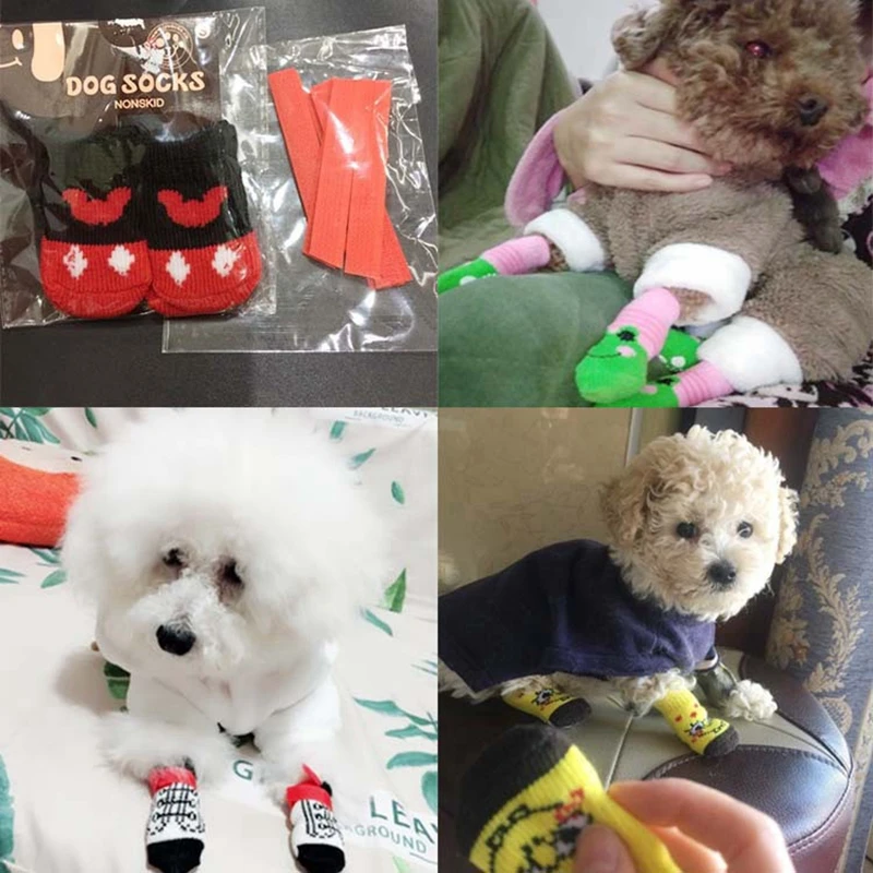 Милые носки для домашних животных и собак, 4 шт. вязаные носки с милыми рисунками щенков и маленьких собак г., модные нескользящие носки на осень и зиму