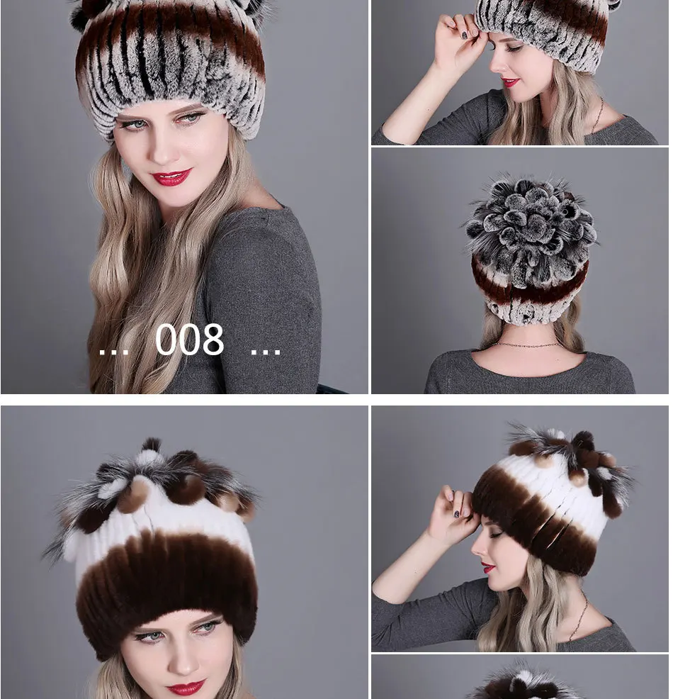 Популярная вязаная женская шапка из натурального меха кролика Рекс, теплая и толстая осенняя и зимняя теплая Женская цветная вязаная шапка