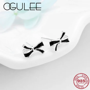 

Real 925 Sterling Silver Hot Black Enamel Earrings Beautiful Bow-knot Stud Earrings for Women small Earings Fine Jewelry Gift