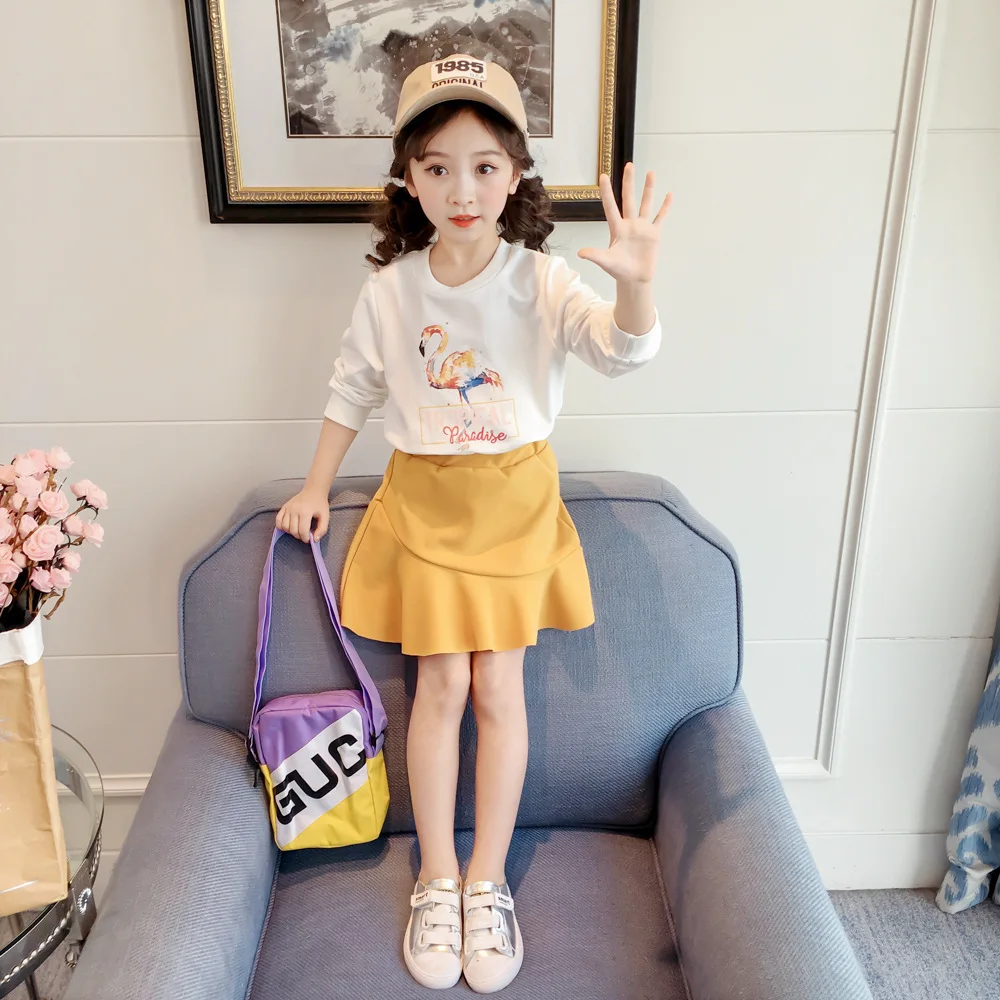

K2019 Spring And Autumn New Style Korean-style Girls Pullover Cute Flamingo Tops Fishtail Skirt Set Gw6052