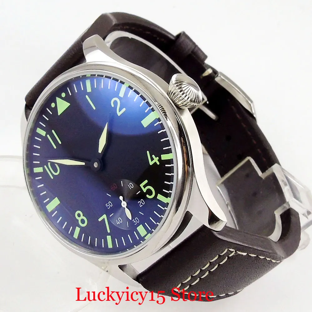 

PARNIS 44mm Hand Winding Men Watch 6498 Movement Green Marks Black Dial Wristwatch Leather Strap