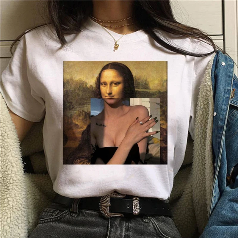 Mona Lisa Эстетическая Harajuku футболка женская Ullzang винтажная графическая футболка Веселая мультяшная футболка 90s корейский стиль Топы Футболки женские