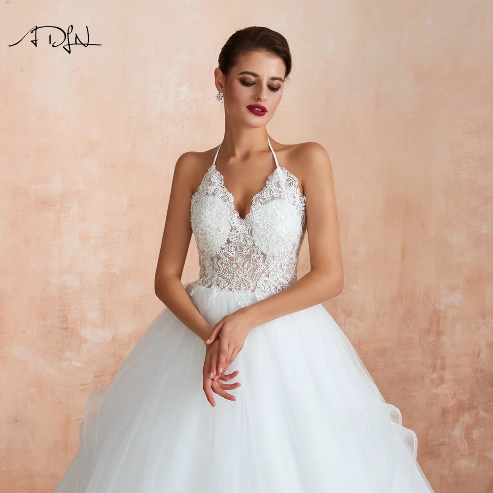 ADLN бальное платье Свадебные платья Vestidos de novia Холтер развертки Поезд Кружева Аппликации открытая спина свадебное платье Robe De Mariage