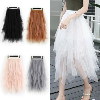 

2020 Women Fashion Asymmetrical High Waist Ruffles Mesh Tutu Tulle Long Midi Skirt Black White Pink
