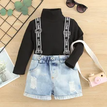 

Toddler Kids Clothes 2022 Spring Autumn New High Collar Knitted Sweater+Overalls Pants 2Pcs Sets for 1-6Y Girl Children Clothing