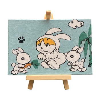 

DIY Picture Painting by Numbers Oil Painting Kit 5.9*3.9 Inch with Bright Acrylic Pigment Brush Wooden Easel Stand for Kids