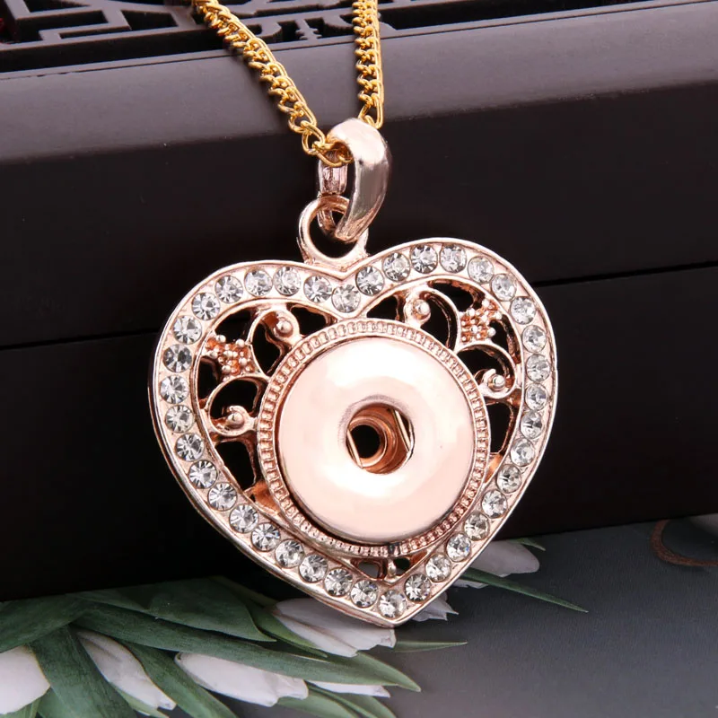 

2019 New Rose Gold Heart-shaped Rhinestone Snap Buttons Necklace Fit DIY Ginger Charms 18mm Snap Button Jewelry Gifts