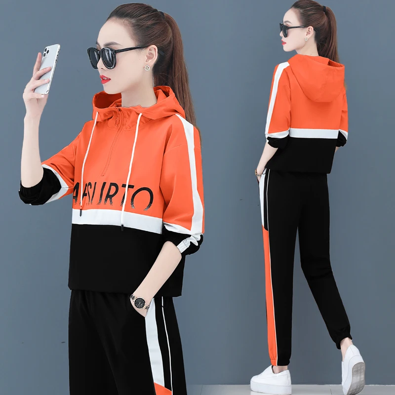 

Autumn Big Size Two Piece Sets Womens Outfits Long Sleeved Hooded Sweater 2 Piece Set Letter Stitching Breathable Clothes