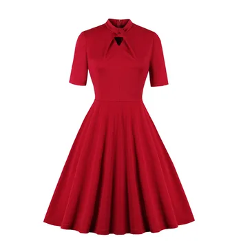 

Sisjuly Summer Female Solid Red Elegant A-Line Dress 1950s Retro Dress Plain Short Sleeve Mid Calf Party Dress Vestido Feminino