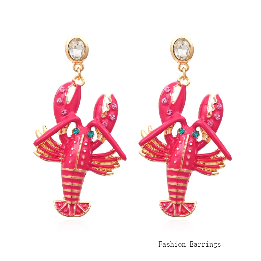 New Fashion Women Earrings Exaggerate Personality Rhinestone Enamel Lobster Dangle Cute Seafood Drop Earring Jewelry | Украшения и