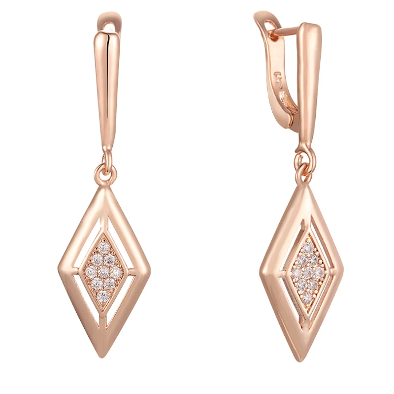 FJ женские серьги 585 цвета розового золота с ромбовидными кристаллами