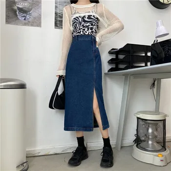 

autumn winter Skirt Women's 2020 Autumn New Korean-Style Retro High Waist Slim Mid-Length Denim Slit skirts