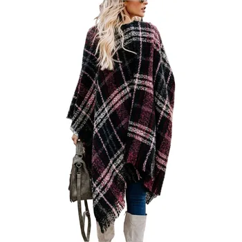 

2019 Autumn and Winter New European and American Sweater Cardigan Hit Color Lattice Tassel Sweater Sweater Shawl Coat