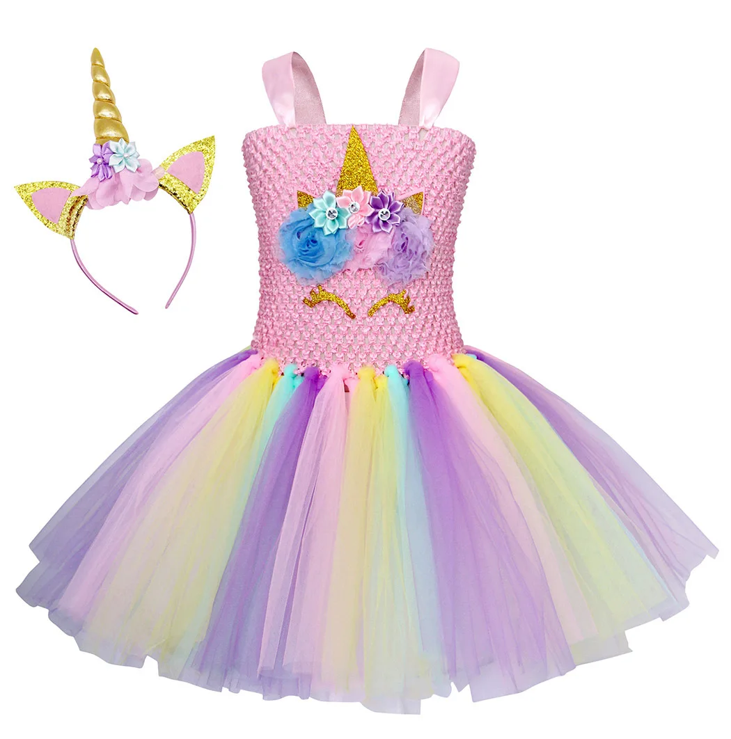 Unicorn Tutu Dress With Headband Fancy Girl Party Dresses Halloween Cosplay Rainbow Tulle Princess Kids Costumes | Тематическая