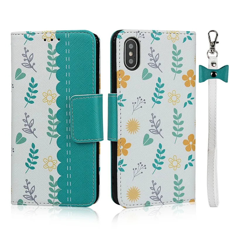 С модным цветочным рисунком; Прочные телефонные чехлы для iPhone X Case-кошелек из ПУ/кожи с откидной крышкой для iPhone XS крышка с барсетка на ремне