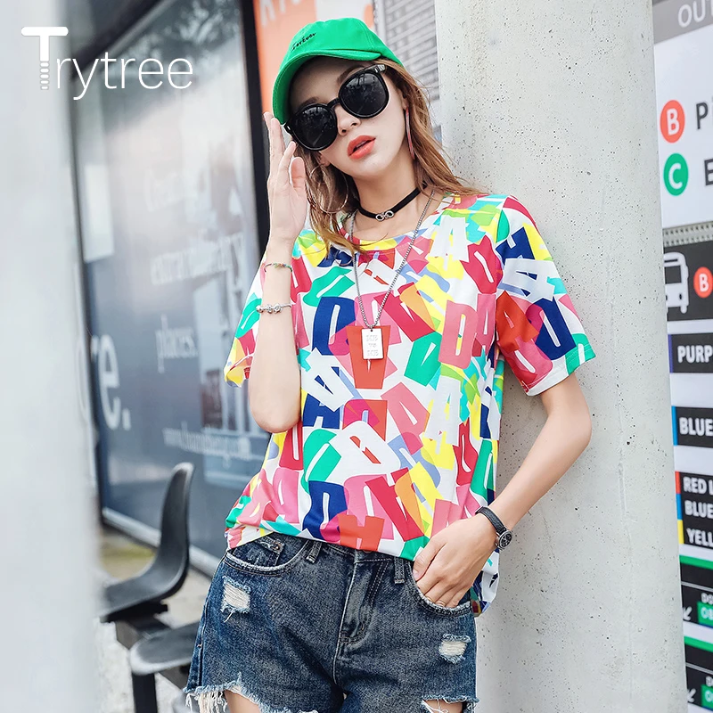 

Trytree 2019 Autumn Casual Print Colorful Letters Women T-Shirt Female O-Neck Short Sleeve Top High Street Fashion t-shirt Lady