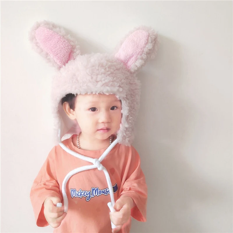 Розовый Winter Children Hat 2-8T Cute Warm Kids Girls Boys Baby Rabbit Ear Design Hats Knitted Hemming Caps - Цвет: Розовый