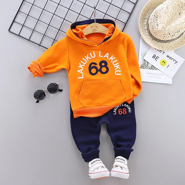 Spring Autumn Children Cotton Clothing Suit Baby Boys Girls Clothes Kids Sport Hoodies Pants 2Pcs/Sets Fahion Toddler Tracksuits JG 68 F Orange