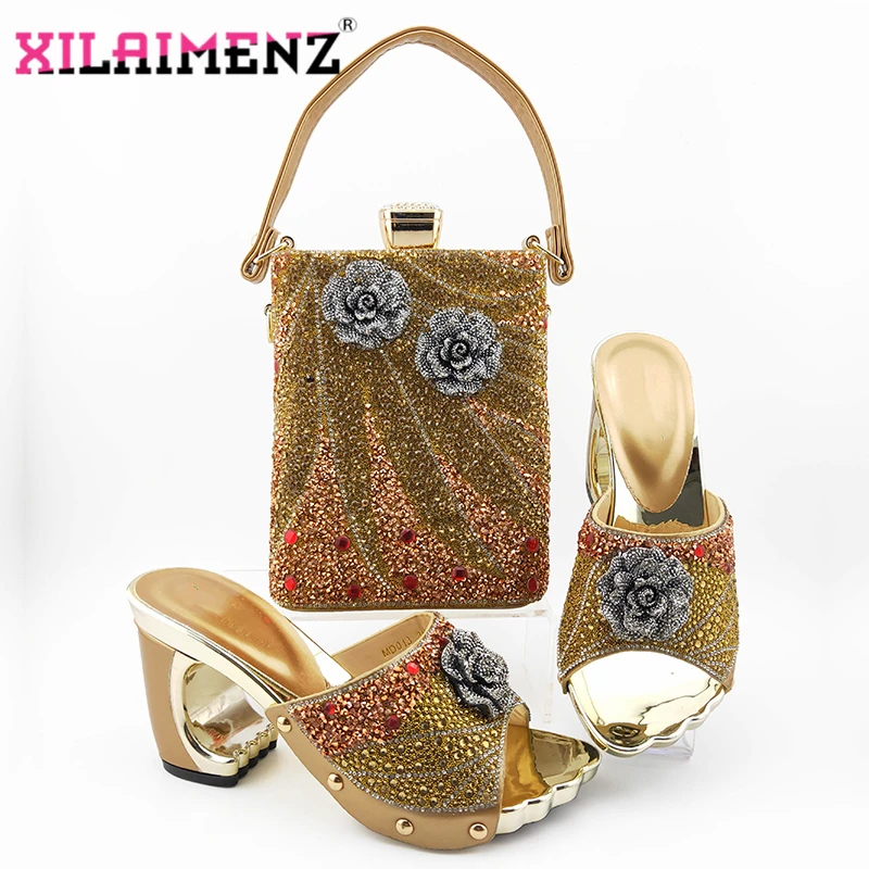 High Quality 2020 Spring New Design Golden Matching Shoes and Bag Set In Heels for Nigerian Party | Обувь