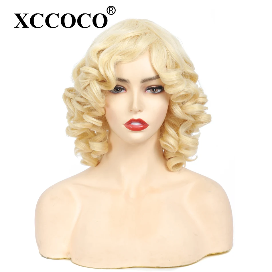 Resistente ao Calor Xccoco-peruca Afro Feminina Curta Cacheada Franja Cabelo Sintético Marrom Escuro 14 Polegadas Solto 10 High Quality Apliques e perucas
