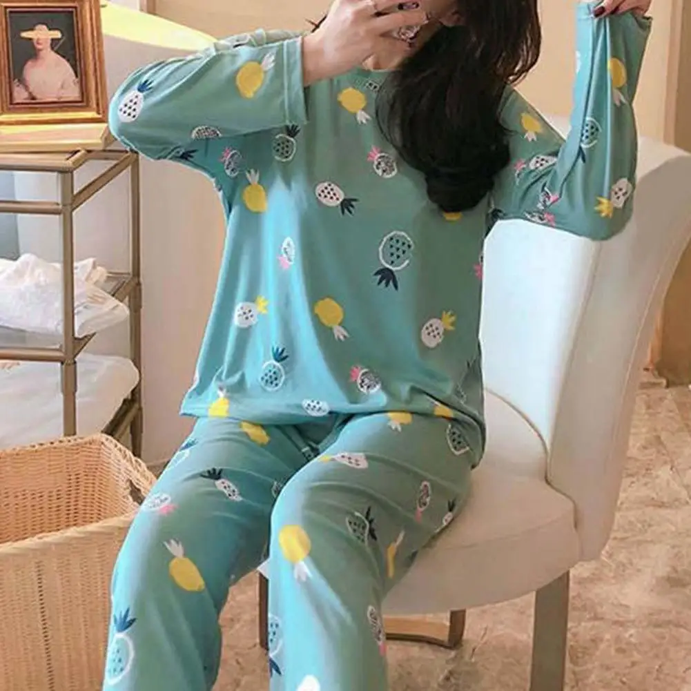 2pcs/set Women Set Femme Long Sleeves Pyjamas Suit Printing Breathable  Polyester Female Soft Pajama Top With Long Pants For Lady - Pants & Capris  - AliExpress