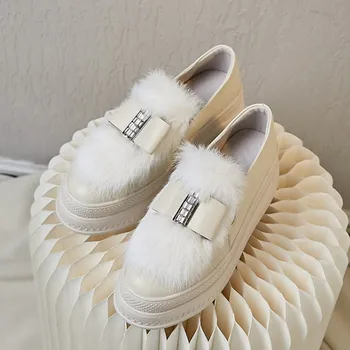 

Brand New Crystal Fur Flat Shoes Women Fashion White Genuine Leather Shoes Woman Slip On Casual Shoes Women High Quality