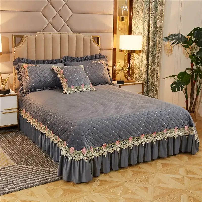 Fleece Velvet Warm Soft Quilt Set Grey Blue Queen King Premium 3 5pcs Bedspread Elegant Ruffle Floral Bed Cover Set Pillow Shams Bedspread Aliexpress