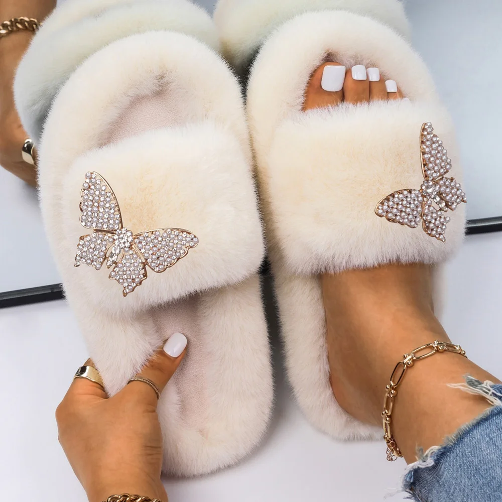 Fur Slides Women Pearl Butterfly Decor Indoor Slippers Faux Fur Sandals Female Platform Fluffy Slippers Luxury Designer Shoes