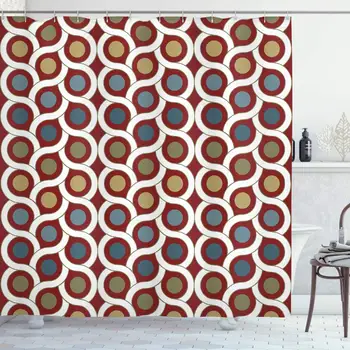 

House Decor Collection, Pattern with Dots and Circle Decorative Symmetric Geometric Curve Line Image, Polyester Fabric Bathroom