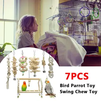 

7PCS/pack Bird Parrot Toys Wooden Swing Chewing Hanging Bell Bird Cage For Parakeets Cockatiels Conures Finches Pet Accessories