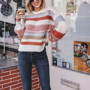 

Fashion Striped Long Sleeve Knitted Sweater Women White Sweters Women Invierno 2019 Autumn Pullover Pull Femme Streetwear Tops