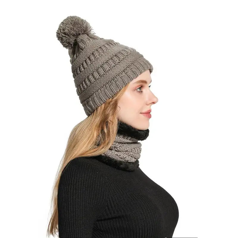 Зимняя шапочка-шарф унисекс для взрослых и детей ясельного возраста, вязаная шапка с помпоном, уплотненная плюшевая подкладка, кольцевая