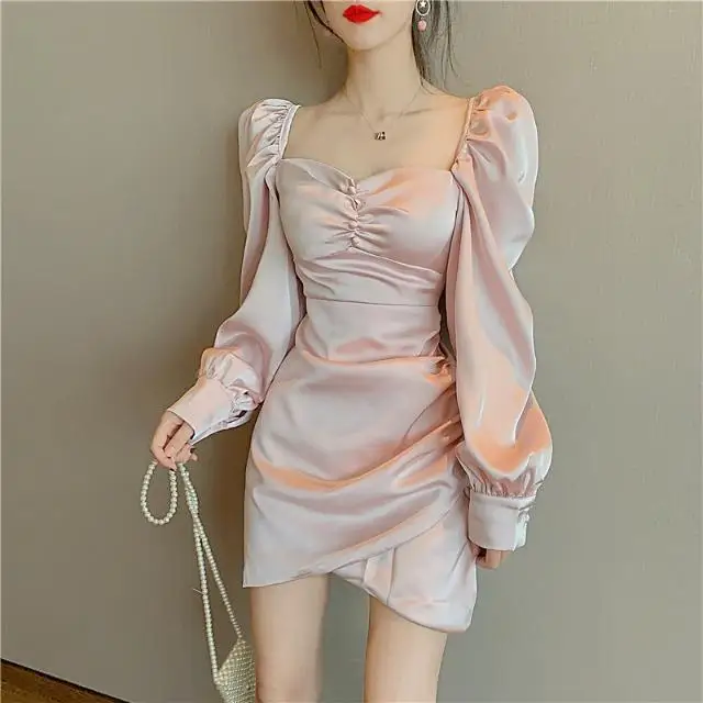 Bella Philosophy Women Mini Short Party Dress Long Sleeve Square Collar Slim Bodycon Dresses Female Chic Korean Fashion Vestidos | Женская