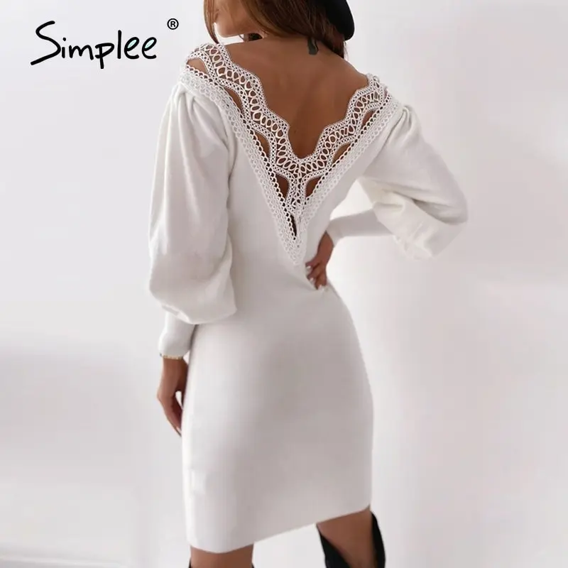 Patchwork-Dress A-Line-Lantern-Sleeve V-Neck Lace-Edge Simplee Open-Back Nightclub Sexy