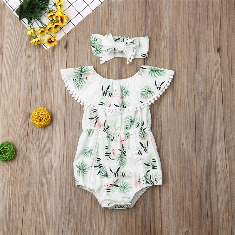 

2019 Fashion Flamingo Print Newborn Baby Girl Clothes Ruffle Romper Baby Jumpsuit Summer Infant Clothing 2Pcs Outfit