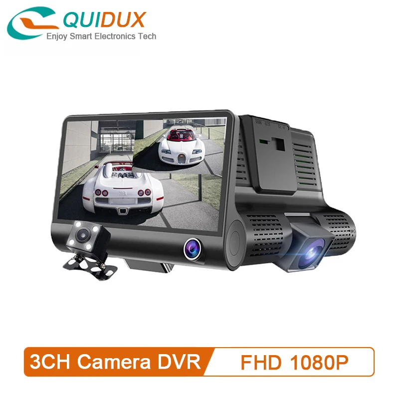 QUIDUX 4 дюйма IPS DVR Dashcam 3 способа камеры 170 градусов FHD 1080P ночного видения Видео