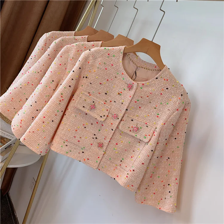 Very best  Runway Pink Tweed Coat 2019 Fashion Autumn Round Neck Single Breasted Pockets Cropped Top Jacket An