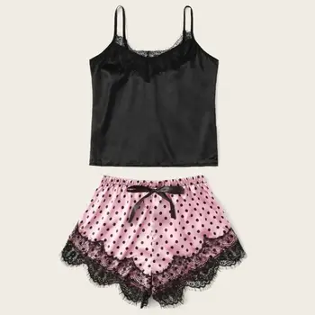 

Women Summer Sexy Eyelash Lace 2Pcs Pajamas Set V-Neck Camis Top Bowknot Polka Dot Shorts Silky Lingerie Nightwear