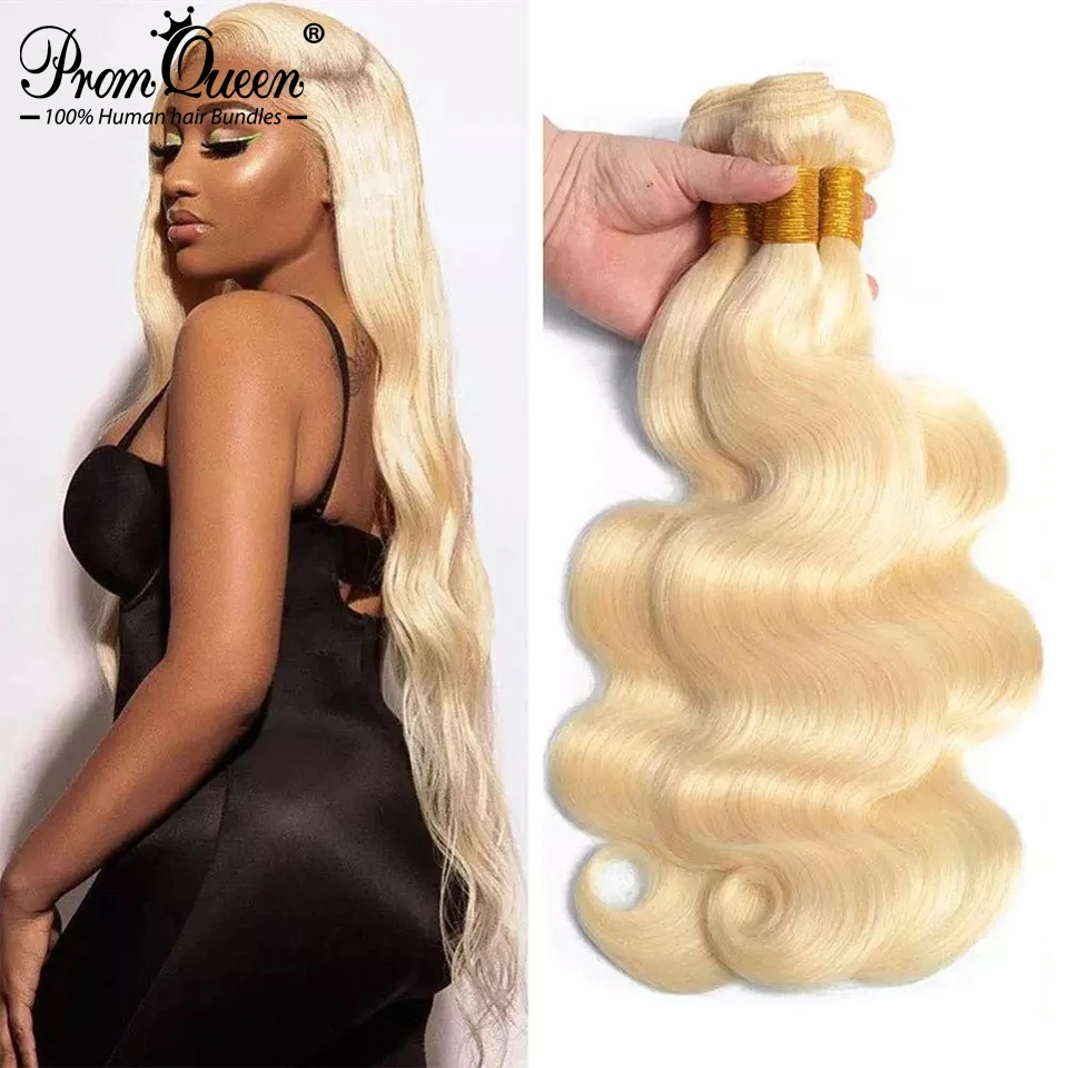 Promqueen-extensiones de cabello humano brasileño, mechones de cabello largo Remy de 30, 32, 38 y 40 pulgadas, Rubio ondulado, 613 paquetes