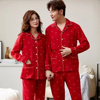 

Turn Down Collar Long Sleeve Long Pants Sleepwear Fashion Casual Style Pajamas Set Man and Woman Homesuit Homeclothes Couple