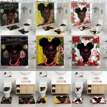 

American African Girl Bathroom Shower Curtain Set Afro Sexy Black Girl Bath Non-Slip Rug Toilet Seat Cover Mat Christmas Gift